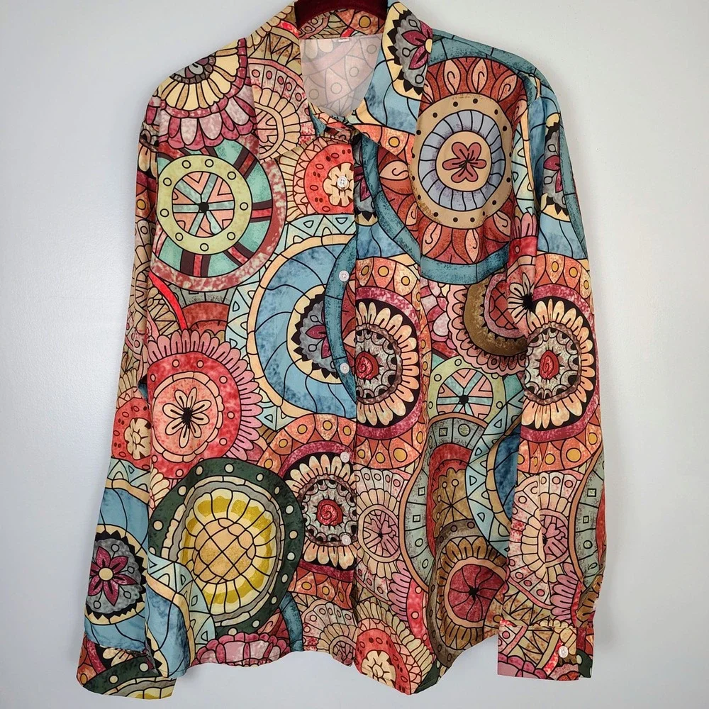 XXL Mandala Geometric Print Button Up Shirt Long Sleeve Multicolor‎ Boho - Picture 2 of 8